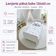 Lenjerie patut bebe 120x60 cm bumbac ranforce 3 piese Dino - ASC6427968020736