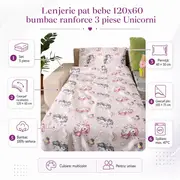 Lenjerie pat bebe 120x60 cm bumbac ranforce 3 piese Unicorni - ASC6427968020743
