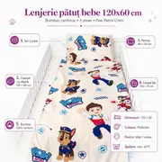Lenjerie patut bebe 120x60 cm bumbac ranforce 3 piese Paw Patrol Crem - ASC6427968020798