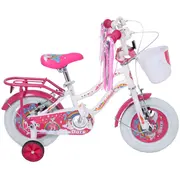 Bicicleta pentru copii 2-4 ani belderia dora, roti 12 inch, cu roti ajutatoare si frane v-brake, alb, cu cosulet si portbagaj
