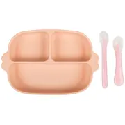 Set hranire bebe din silicon, 1 farfurie compartimentata cu ventuza, 2 lingurite marimi diferite, fara bpa, roz somon, kidscare