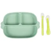 Set hranire bebe din silicon, 1 farfurie compartimentata cu ventuza, 2 lingurite marimi diferite, fara bpa, verde, kidscare