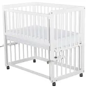 Patut co-sleeper, Qmini, Dalia, Multifunctional, 90x50 cm, Din lemn de pin, Reglabil pe orice treapta de inaltime la patul parintilor, Sistem de ancorare si roti cu frana incluse, Alb + Saltea 8 cm BYNQMDAL8CM03AL