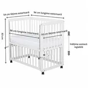 Patut co-sleeper, Qmini, Dalia, Multifunctional, 90x50 cm, Din lemn de pin, Reglabil pe orice treapta de inaltime la patul parintilor, Sistem de ancorare si roti cu frana incluse, Alb + Saltea 8 cm BYNQMDAL8CM03AL