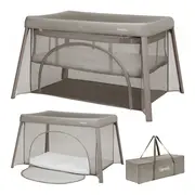 Patut multifunctional, Lionelo, Mila, 2 in 1, Saltea 4 cm cu spuma T25, 2 niveluri de inaltime, Pliere rapida, Intrare laterala, Geanta de transport inclusa, 0-36 luni, Pana la 15 kg, Bej Taupe BYNLO-MILA_BEIGE_TAUPE