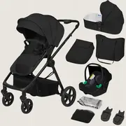 Carucior 3 in 1, Lionelo, Greet, Pana la 15 kg, Cadru aluminiu, Cu landou si salteluta moale, Cu scoica auto, Reversibil, Cu accesorii, Maner, suport pentru picioare, spatar reglabile, Negru BYNLO-GREET_BLACK_ONYX