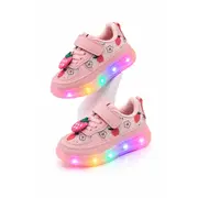 Pantofi sport cu lumini led, model cu capsuni, fete, piele ecologica si textil, roz adt-19-1