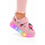 Pantofi sport cu lumini led, model cu capsuni, fete, piele ecologica si textil, roz adt-19-1