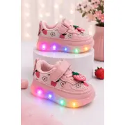 Pantofi sport cu lumini led, model cu capsuni, fete, piele ecologica si textil, roz adt-19-1