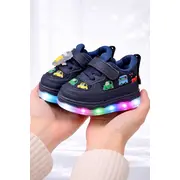 Pantofi sport cu lumini led, model masinute, piele ecologica si textil, baieti, bleumarin adt-51-1