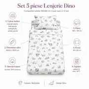 Set 5 piese Lenjerie Dino saltele 160x80 compatibile cu pat 2-12 ani + Pilota + Perna - ASC6427968021160