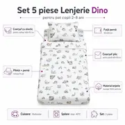 Set 5 piese Lenjerie Dino saltele 140x70 compatibile cu pat 2-8 ani + Pilota + Perna - ASC6427968021177