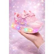 Pantofi sport cu lumini led, model papusica cu invartitoare, piele ecologica, fete, roz ad2026-1-1