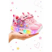 Pantofi sport cu lumini led, model papusica cu invartitoare, piele ecologica, fete, roz ad2026-1-1