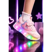 Pantofi sport cu lumini led, model pink hear, textil, fete, roz adtui11-roz-1