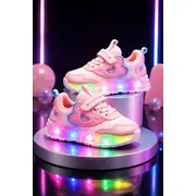 Pantofi sport cu lumini led, model pink hear, textil, fete, roz adtui11-roz-1