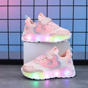 Pantofi sport cu lumini led, model pink hear, textil, fete, roz adtui11-roz-1