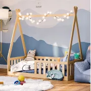 Pat Copii Tipi 140x70cm Natur Din Lemn Masiv De Pin ,   Design Scandinav Casuta, Montaj Direct Pe Podea, Cu Somiera   Sarcina Max 110kg Pjbtipi140_n