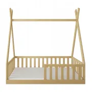 Pat Copii Tipi 140x70cm Natur Din Lemn Masiv De Pin ,   Design Scandinav Casuta, Montaj Direct Pe Podea, Cu Somiera   Sarcina Max 110kg Pjbtipi140_n