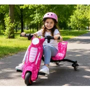 Tricicleta electrica drift 360 kidscare e600 mini pentru copii, motor 150w, viteza maxima 15 km/h, baterie 36v 2.4ah, lumini led, roti drift, roz, kit de protectie inclus
