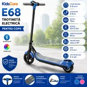 Trotineta electrica copii kidscare e68, motor 110w, baterie 24v 2.5ah, viteza 5-8 km/h, bluetooth, lumini, albastru