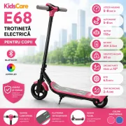 Trotineta electrica copii kidscare e68, motor 110w, baterie 24v 2.5ah, viteza 5-8 km/h, bluetooth, lumini, roz