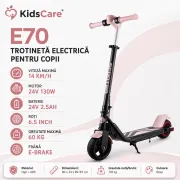 Trotineta electrica copii kidscare e70, motor 130w, baterie 24v 2.5ah, viteza 14 km/h, lumini, roz