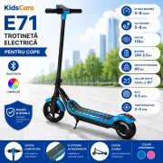 Trotineta electrica copii kidscare e71, motor 110w, baterie 24v 2.5ah, viteza 12-15 km/h, bluetooth, lumini, albastru