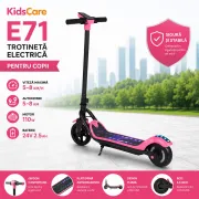 Trotineta electrica copii kidscare e71, motor 110w, baterie 24v 2.5ah, viteza 12-15 km/h, bluetooth, lumini, roz