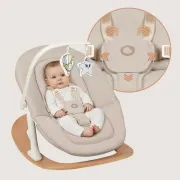 Balansoar, Lionelo, Celia, Manual, Cu 2 pozitii de inclinare, Cu centuri de siguranta in 5 puncte, Bara cu jucarii inclusa, Baza din lemn de fag, Husa detasabila si lavabila, Pana la 9 kg, Bej BYNLO-CELIA_ROCKER_NATURAL_WOOD