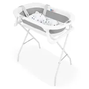 Cadita de baie pliabila, Qmini, Foldy Pro, Cu suport metalic si pernuta de baie, Cu termometru electronic, Cu dop si furtun pentru scurgere, Antiderapanta, 80&times;49 cm, Alb/Gri BYNFG490
