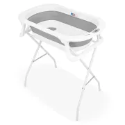 Cadita de baie pliabila, Qmini, Foldy Pro, Cu suport metalic si pernuta de baie, Cu termometru electronic, Cu dop si furtun pentru scurgere, Antiderapanta, 80&times;49 cm, Alb/Gri BYNFG490