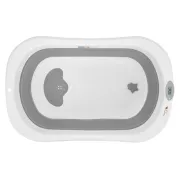 Cadita de baie pliabila, Qmini, Foldy Pro, Cu suport metalic si pernuta de baie, Cu termometru electronic, Cu dop si furtun pentru scurgere, Antiderapanta, 80&times;49 cm, Alb/Gri BYNFG490