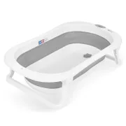Cadita de baie pliabila, Qmini, Foldy Pro, Cu suport metalic si pernuta de baie, Cu termometru electronic, Cu dop si furtun pentru scurgere, Antiderapanta, 80&times;49 cm, Alb/Gri BYNFG490
