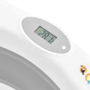 Cadita de baie pliabila, Qmini, Foldy Pro, Cu suport metalic si pernuta de baie, Cu termometru electronic, Cu dop si furtun pentru scurgere, Antiderapanta, 80&times;49 cm, Alb/Gri BYNFG490