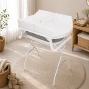 Cadita de baie pliabila, Qmini, Foldy Pro Care, Cu suport metalic si masuta de infasat, Cu termometru electronic, Cu dop si furtun pentru scurgere, Antiderapanta, 80&times;49 cm, Alb/Gri BYNFG2205