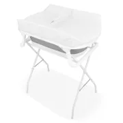 Cadita de baie pliabila, Qmini, Foldy Pro Care, Cu suport metalic si masuta de infasat, Cu termometru electronic, Cu dop si furtun pentru scurgere, Antiderapanta, 80&times;49 cm, Alb/Gri BYNFG2205