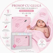 Prosop Din Fibra De Bambus Cu Gluga Pentru Bebelusi Si Copii, Hands-free, Princess Pink, 85x85cm Pjb31030