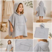 Prosop Poncho Pentru Bebelue I E I Copii, Din Bumbac Muselina Cu Gluga E I Buzunar, Gri, 60x65 Cm ,   Amy Pjb83892