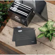 Dosar suspendabil Leitz Alpha Recycle, carton, 100% reciclat, certificare Blue Angel, reciclabil, A4, cu burduf, negru BPTCSL192295