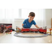 Set constructie cuburi mici, Trenulet electric, 1 vagon si 1 locomotiva, accesorii decor, traseu sine 80x83cm, 747 piese, incarcare locomotiva USB, varsta recomandata +10 ani