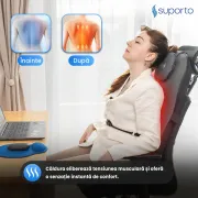 Aparat Masaj Spate SUPORTO Detenso 3D Max de tip Husa scaun de masaj cu Shiatsu si Vibromasaj, Perna Masaj cu Incalzire terapeutica, Reduce tensiunea si Relaxează Spatele, Functie Masaj 2D/3D, Cervical, Tintit, Rulare, Gri SPTDET3DMAX