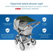 Copertina solara carucior copii, protectie UV UPF 80+, parasolar universal reglabil, protectie vant si ploaie usoara, prindere elastica universala, montare rapida, verde, Reer ShineSafe 84313