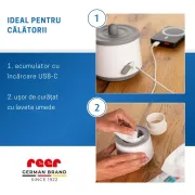 Incalzitor portabil biberoane si alimente pentru bebelusi, 4 trepte temperatura 37-50&deg;C, acumulator cu incarcare USB-C, 3 adaptoare biberon incluse, afisaj temperatura, timer cu oprire automata, independent de priza, Reer Heat2Go 33060