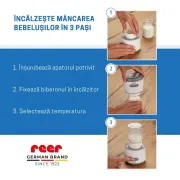 Incalzitor portabil biberoane si alimente pentru bebelusi, 4 trepte temperatura 37-50&deg;C, acumulator cu incarcare USB-C, 3 adaptoare biberon incluse, afisaj temperatura, timer cu oprire automata, independent de priza, Reer Heat2Go 33060