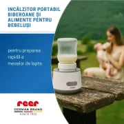 Incalzitor portabil biberoane si alimente pentru bebelusi, 4 trepte temperatura 37-50&deg;C, acumulator cu incarcare USB-C, 3 adaptoare biberon incluse, afisaj temperatura, timer cu oprire automata, independent de priza, Reer Heat2Go 33060