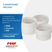 Incalzitor portabil biberoane si alimente pentru bebelusi, 4 trepte temperatura 37-50&deg;C, acumulator cu incarcare USB-C, 3 adaptoare biberon incluse, afisaj temperatura, timer cu oprire automata, independent de priza, Reer Heat2Go 33060