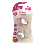 Set 2 suzete nip Butterfly cu tetina ortodontica din silicon, forma simetrica, fara BPA, cu inel pentru prindere usoara, 0-6 luni, nip Butterfly 31050