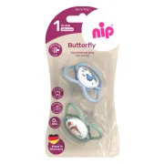 Set 2 suzete nip Butterfly cu tetina ortodontica din silicon, forma simetrica, fara BPA, cu inel pentru prindere usoara, 0-6 luni, nip Butterfly 31050
