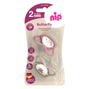 Set 2 suzete nip Butterfly cu tetina ortodontica din silicon, forma simetrica, fara BPA, cu inel pentru prindere usoara, 5-18 luni, nip Butterfly 31051